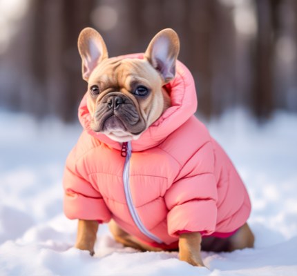 Dog wearing a pink puffer jacket