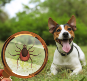 Small dog with a magnifying glass showing a close up of a wood tick