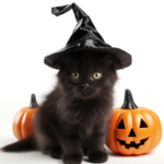 Black kitten wearing a witch hat next to jack o'lanterns