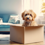 Dog sitting inside a moving box