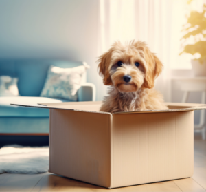 Dog sitting inside a moving box