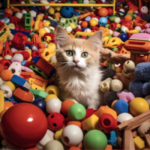 Kitten surrounded by cat toys
