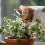Cat smelling a plant on a windowsill