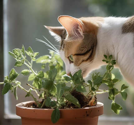 Cat smelling a plant on a windowsill