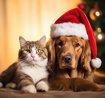 Cat sitting next to a dog wearing a Santa hat